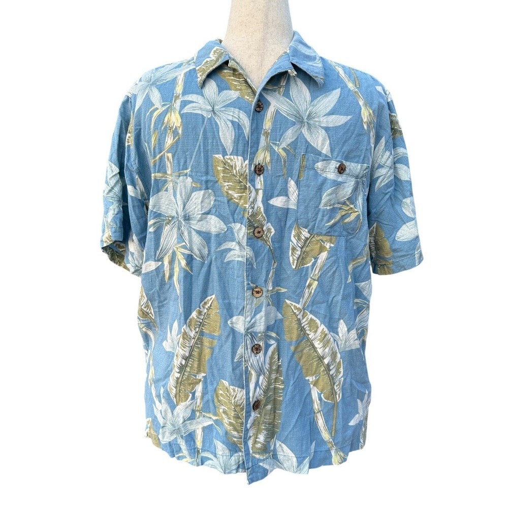 Joe Marlin Mens‎ Hawaiian Shirt Large Blue Tropical Floral Cotton Rayon Beachy